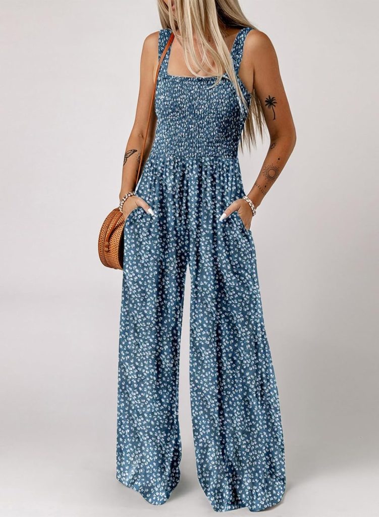 Dokotoo Womens Casual Loose Overalls Jumpsuits One Piece Sleeveless Printed Wide Leg Long Pant Rompers With Pockets