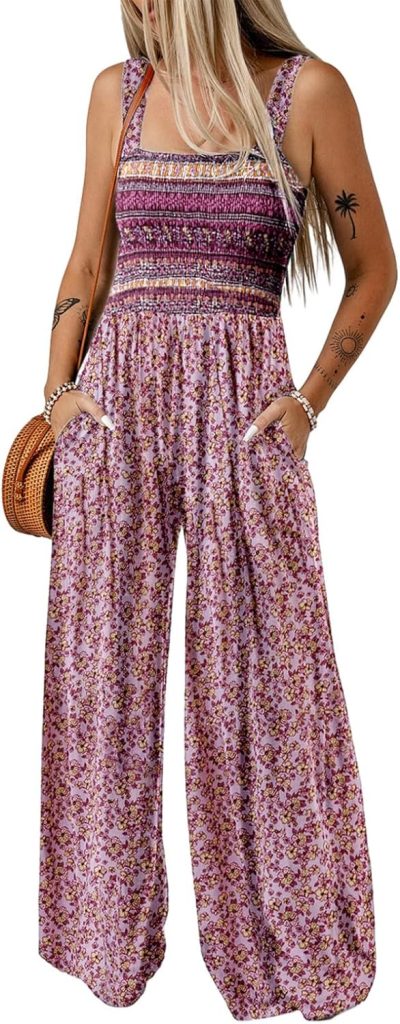 Dokotoo Womens Casual Loose Overalls Jumpsuits One Piece Sleeveless Printed Wide Leg Long Pant Rompers With Pockets