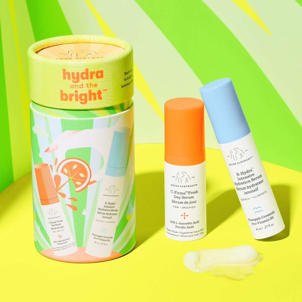 Drunk Elephant Hydra and The Bright - Includes C-Firma Fresh Day Serum (0.3 fl oz)  B-Hydra Intensive Hydration Serum (0.27 fl oz) - Free of Essential Oils, Silicones  Fragrances