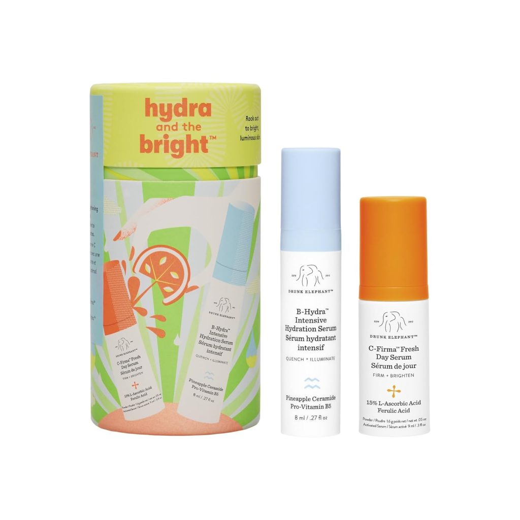 Drunk Elephant Hydra and The Bright - Includes C-Firma Fresh Day Serum (0.3 fl oz)  B-Hydra Intensive Hydration Serum (0.27 fl oz) - Free of Essential Oils, Silicones  Fragrances
