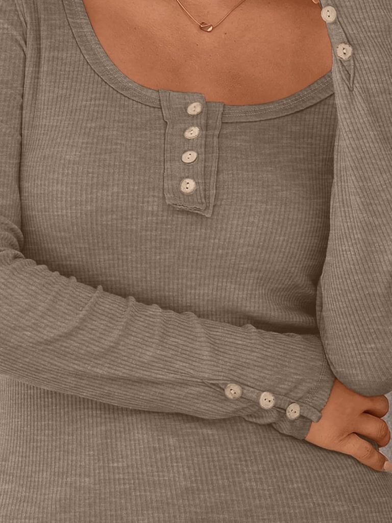 Kissfix Womens Long Sleeve Shirts Casual Fall Henley Top Button Down Blouses Basic Ribbed Knit T Shirts 2024