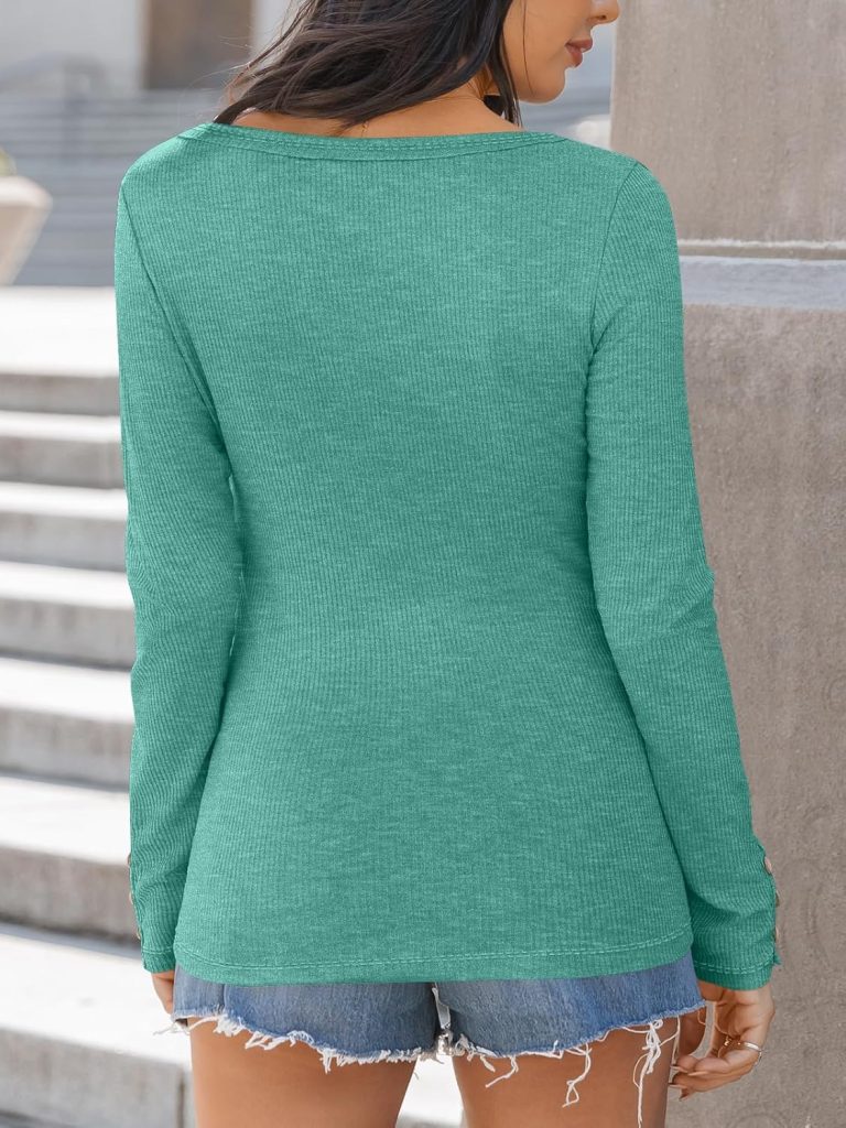 Kissfix Womens Long Sleeve Shirts Casual Fall Henley Top Button Down Blouses Basic Ribbed Knit T Shirts 2024