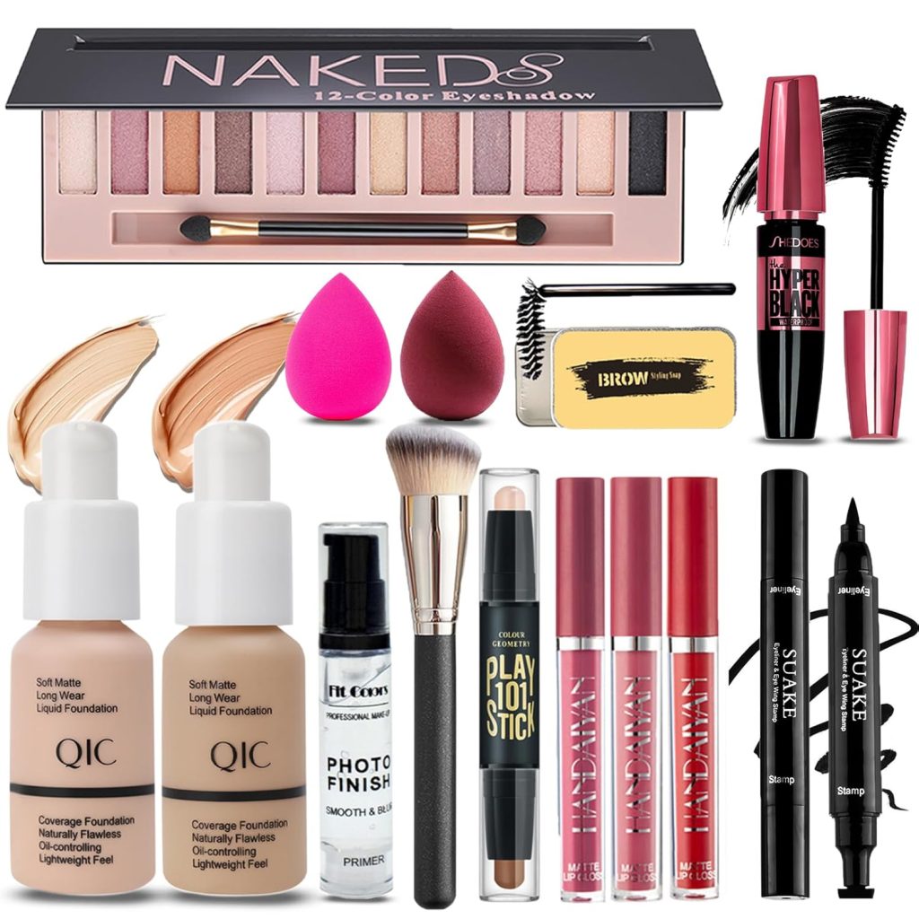 All in One Makeup Kit for Women Full Kit, 12 Colors Eyeshadow, Foundation  Primer, Lipsticks, Eyeliner, Mascara, Contour Stick, Brow Soap, Makeup Brush  Sponge, Make Up Gift Set for Women, Teens