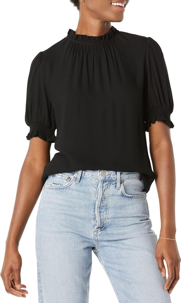 Amazon Essentials Womens Fluid Twill Short Puff Sleeve Smock Detail Shirt