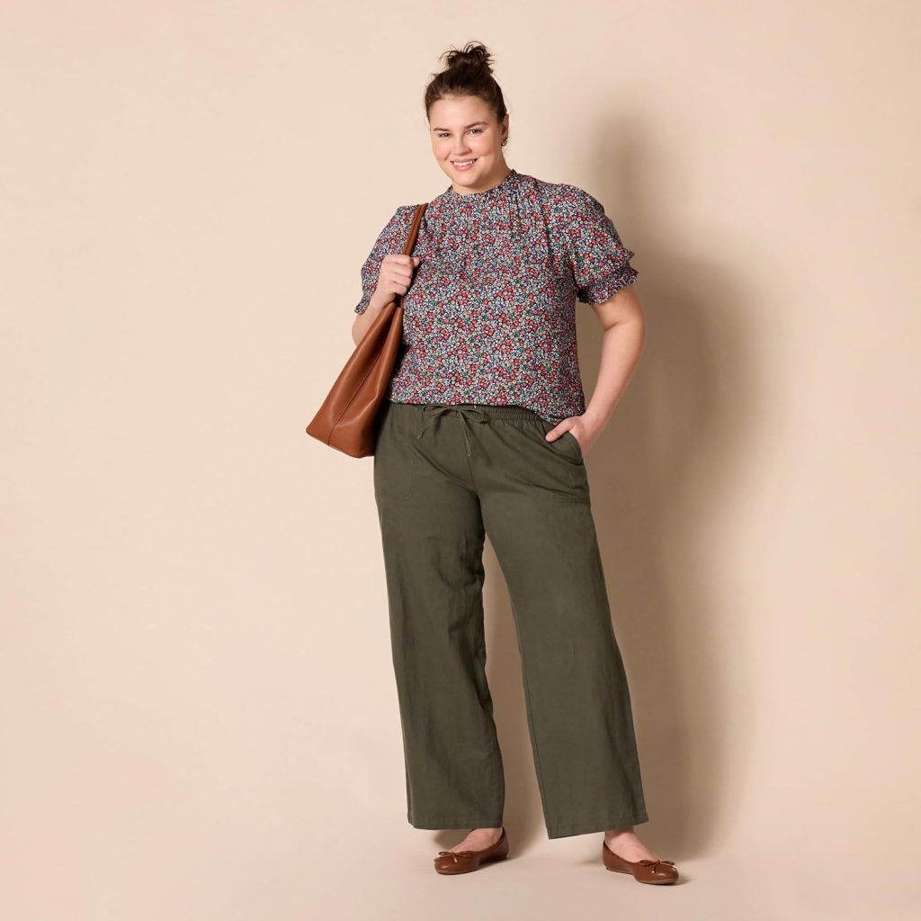 Amazon Essentials Womens Fluid Twill Short Puff Sleeve Smock Detail Shirt