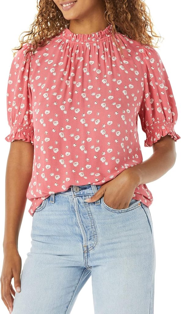 Amazon Essentials Womens Fluid Twill Short Puff Sleeve Smock Detail Shirt