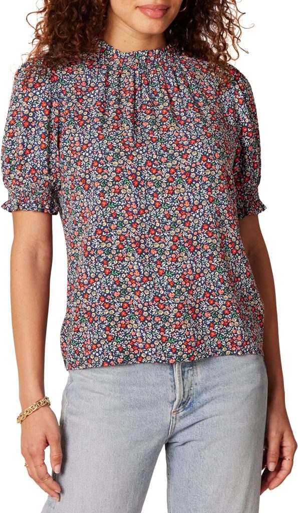 Amazon Essentials Womens Fluid Twill Short Puff Sleeve Smock Detail Shirt