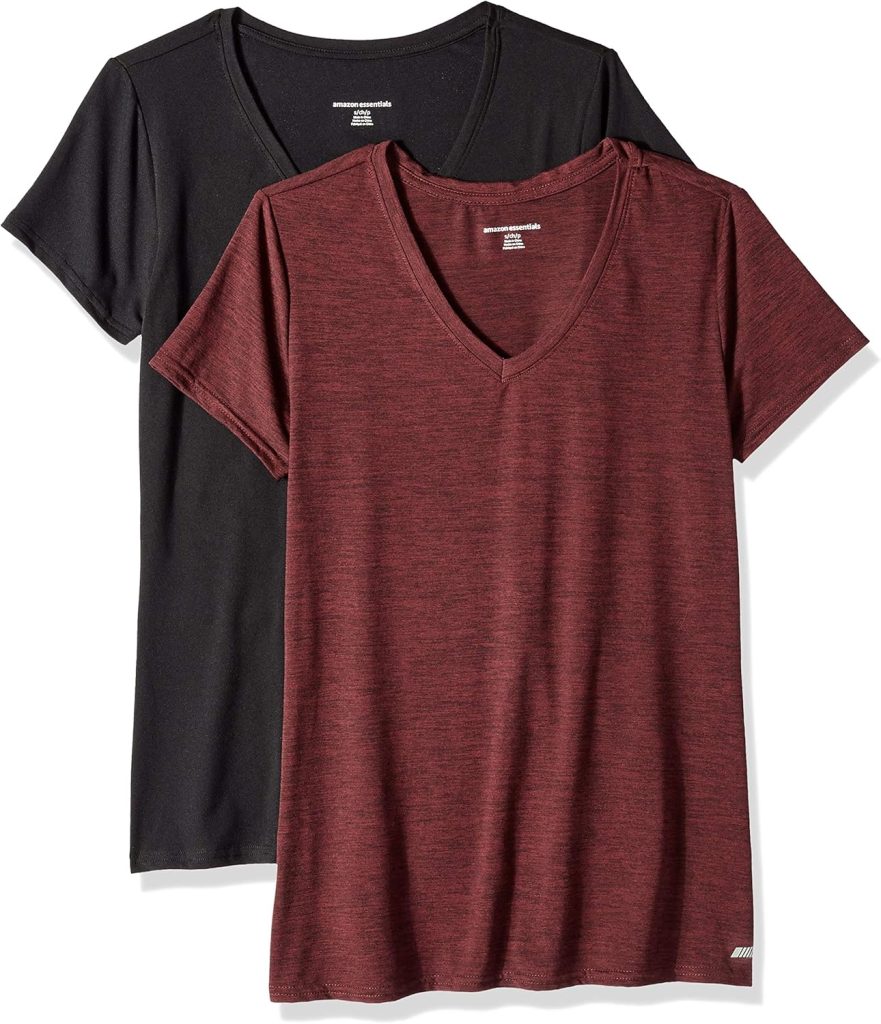 Amazon Essentials Womens Tech Stretch Short-Sleeve V-Neck T-Shirt (Available in Plus Size), Pack of 2