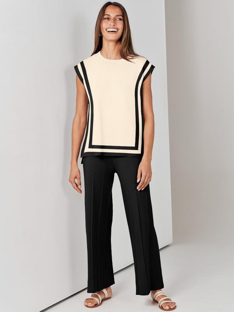 ANRABESS Women 2 Piece Outfits Casual Summer Sleeveless Tops Knit Pants Sweater Lounge Matching Sets 2024 Trendy Clothes