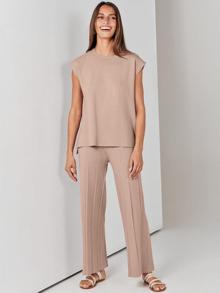 ANRABESS Women 2 Piece Outfits Casual Summer Sleeveless Tops Knit Pants Sweater Lounge Matching Sets 2024 Trendy Clothes