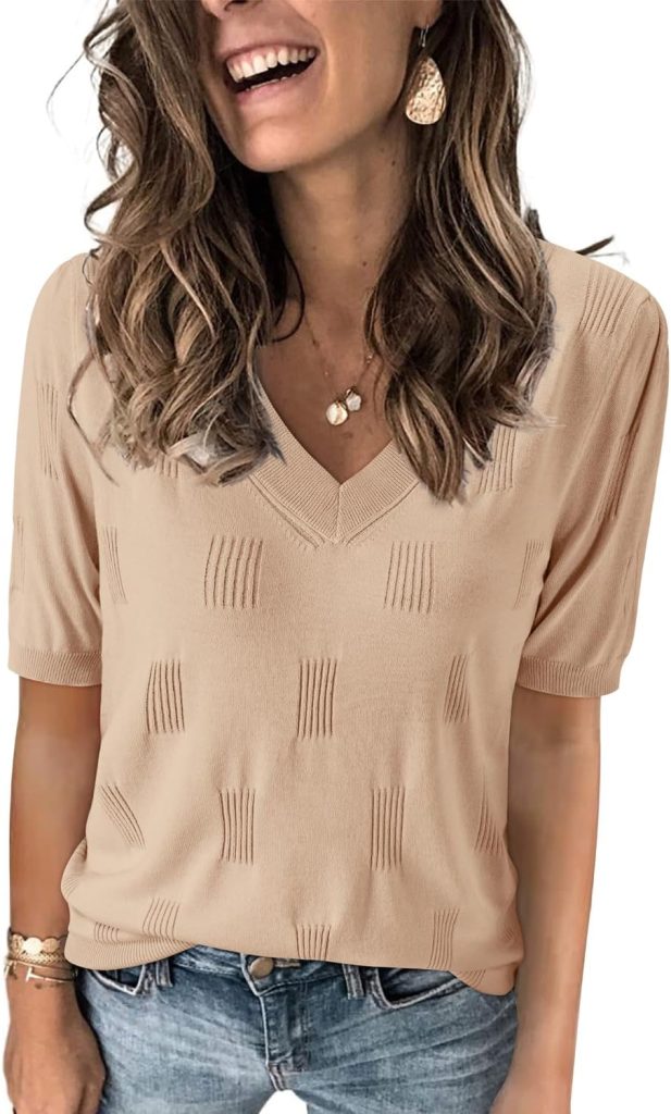 ArachCloz Womens Sweaters Soft Lightweight Summer 2024 Versatile Dressy Blouse Short Sleeve Knit Tops Fashion Fall Trendy