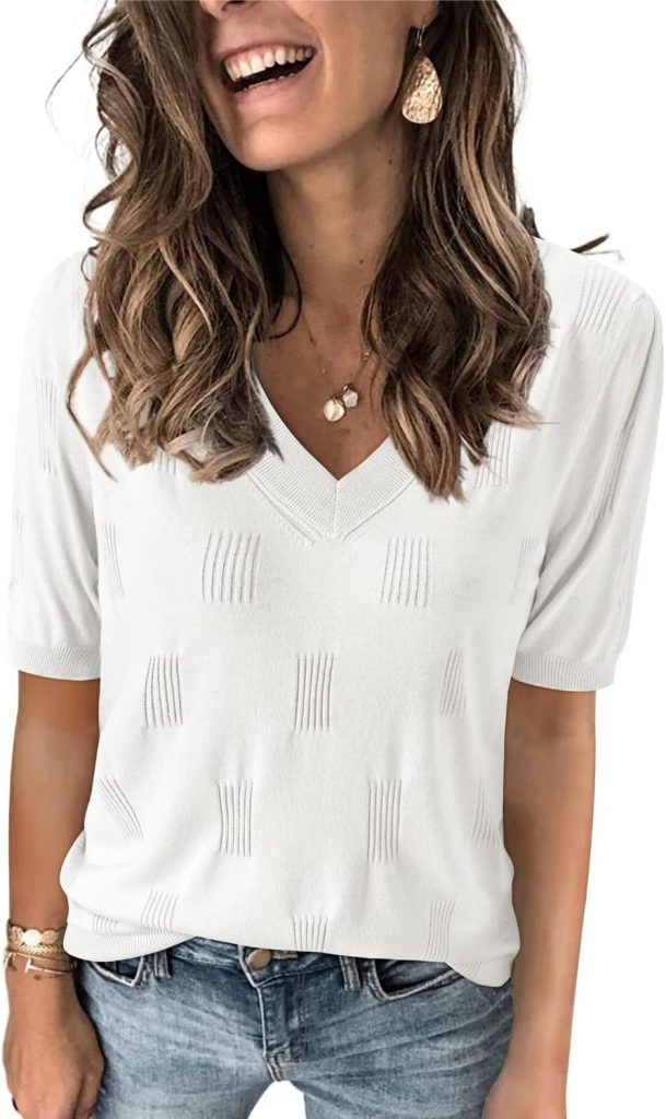 ArachCloz Womens Sweaters Soft Lightweight Summer 2024 Versatile Dressy Blouse Short Sleeve Knit Tops Fashion Fall Trendy