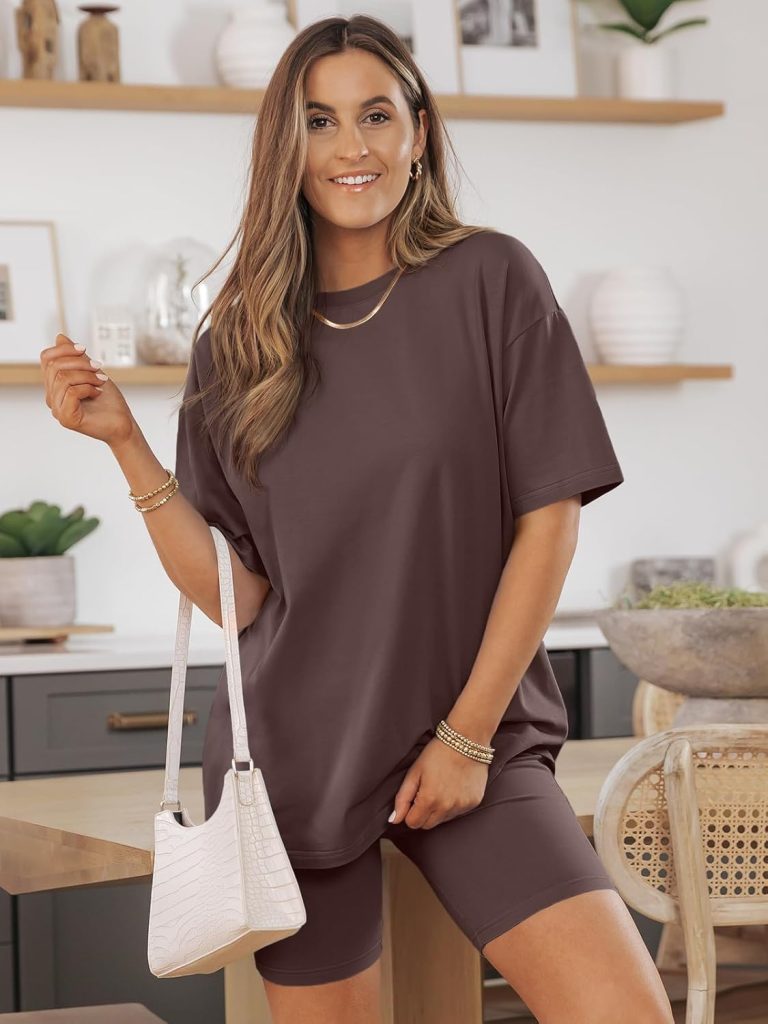 AUTOMET Womens 2 Piece Sets Summer Outfits 2024 Fashion Two Piece Lounge Matching Set Oversized Shirts Biker Shorts Tracksuit