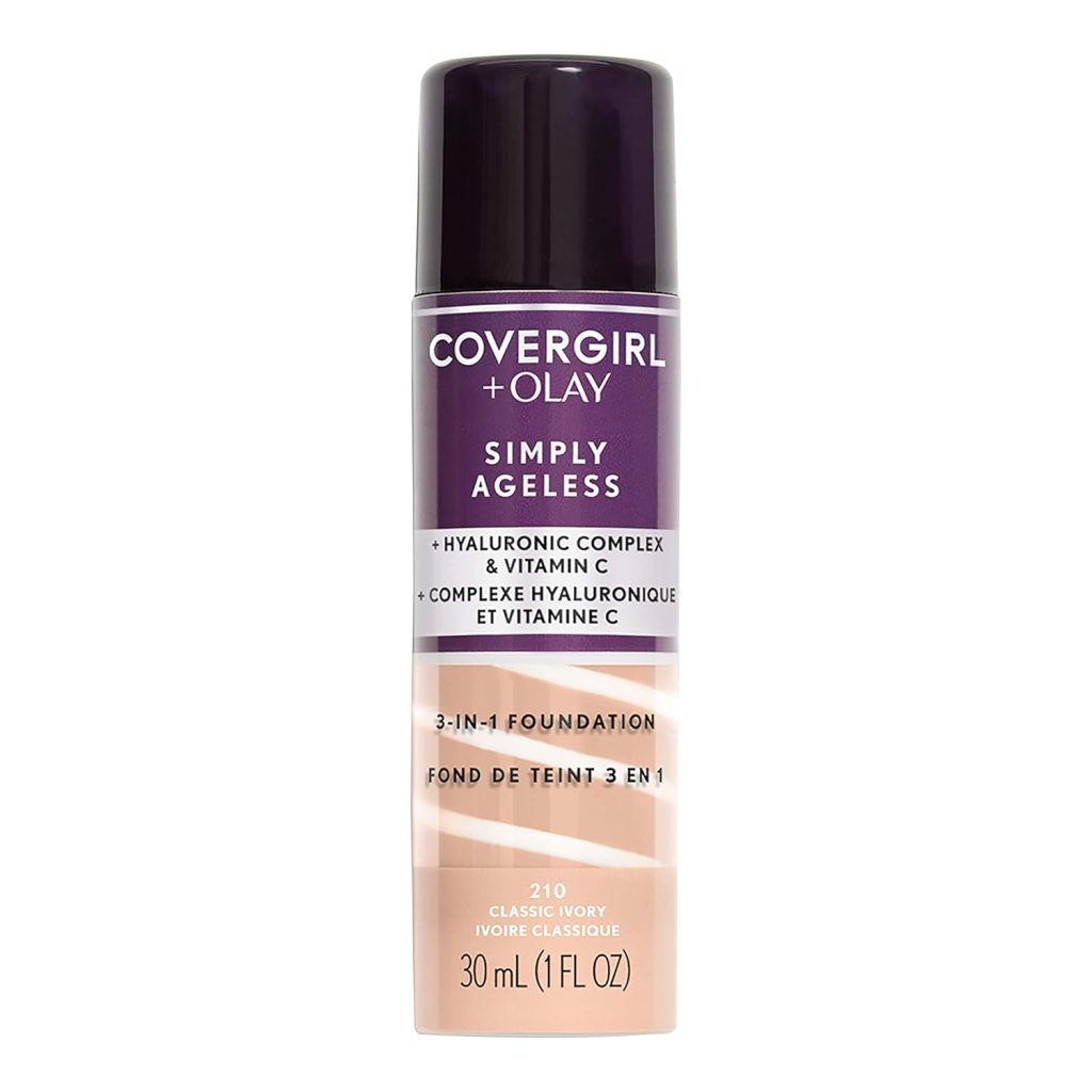 CoverGirl  Olay Simply Ageless 3-in-1 Liquid Foundation, Matte Finish, Hyaluronic  Vitamin C Formula, Cruelty Free, Classic Ivory, 1 Count