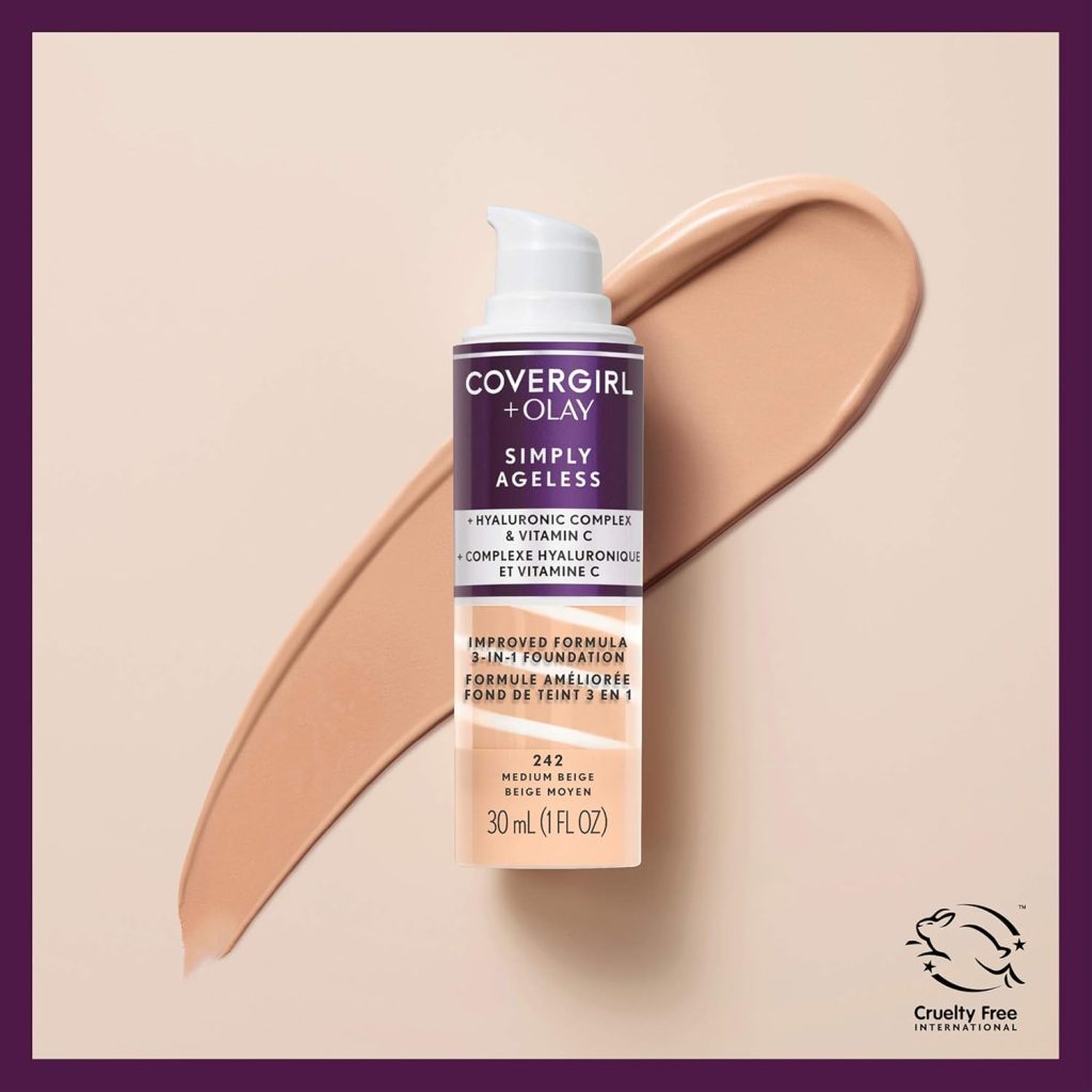 CoverGirl  Olay Simply Ageless 3-in-1 Liquid Foundation, Matte Finish, Hyaluronic  Vitamin C Formula, Cruelty Free, Classic Ivory, 1 Count
