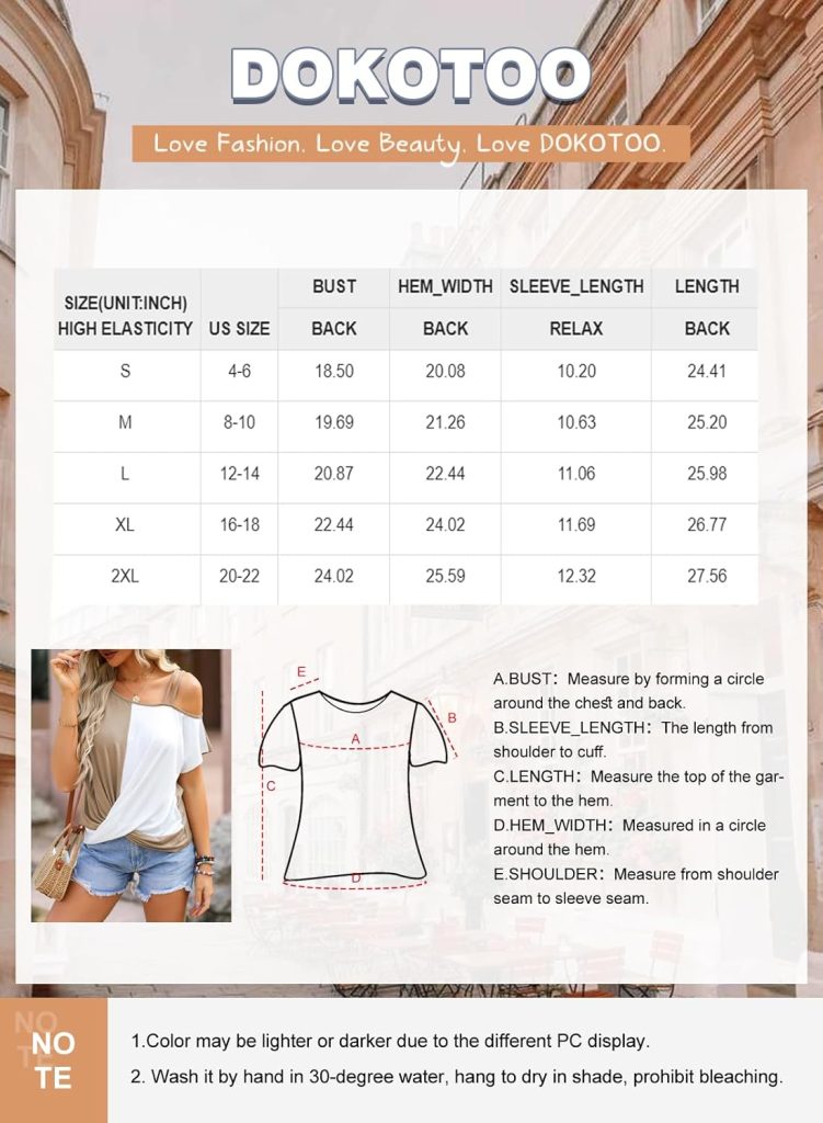 Dokotoo T Shirts for Women Twist Knot Color Block Loose Fit Cold Shoulder Tops for Women Fashion 2024