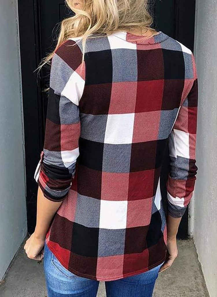 Dokotoo Womens Basic Casual V Neck Plaid Print Cotton Cuffed Long Sleeve Work Tops Blouses Shirts S-3XL