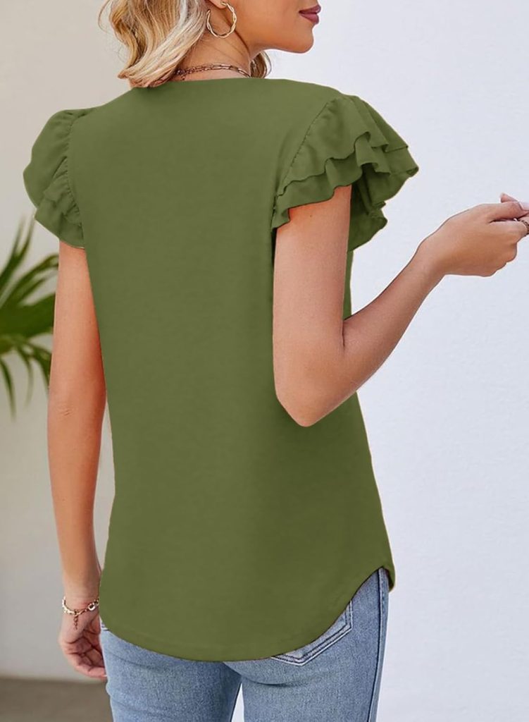 Dokotoo Womens Casual Ruffle Short Sleeve Tops Cute Solid Color Knit Ribbed T Shirts Blouses