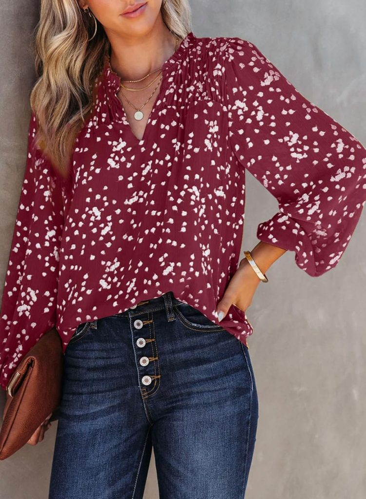 Dokotoo Womens Casual V Neck Alicia Floral Print Smocked Long Sleeve Chiffon Blouses Bohemian Top Shirts