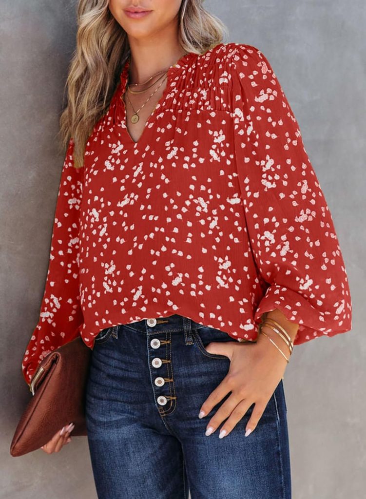 Dokotoo Womens Casual V Neck Alicia Floral Print Smocked Long Sleeve Chiffon Blouses Bohemian Top Shirts
