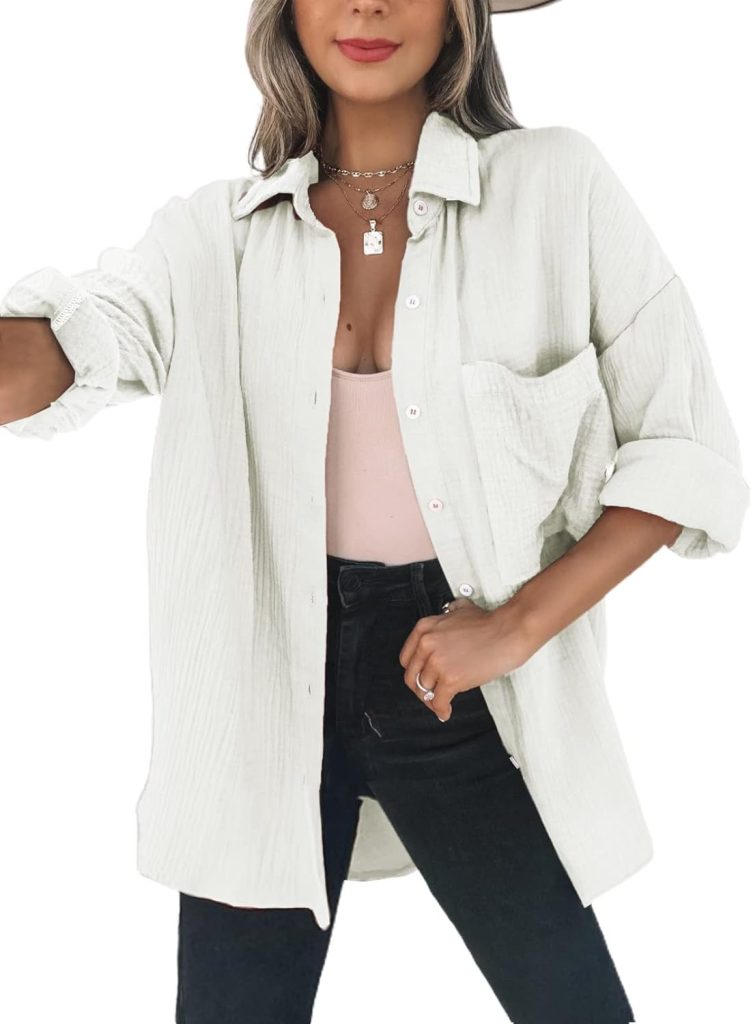 Dokotoo Womens Color Block Button Down Shirts Long Sleeve Oversized Boyfriend Blouses Tops
