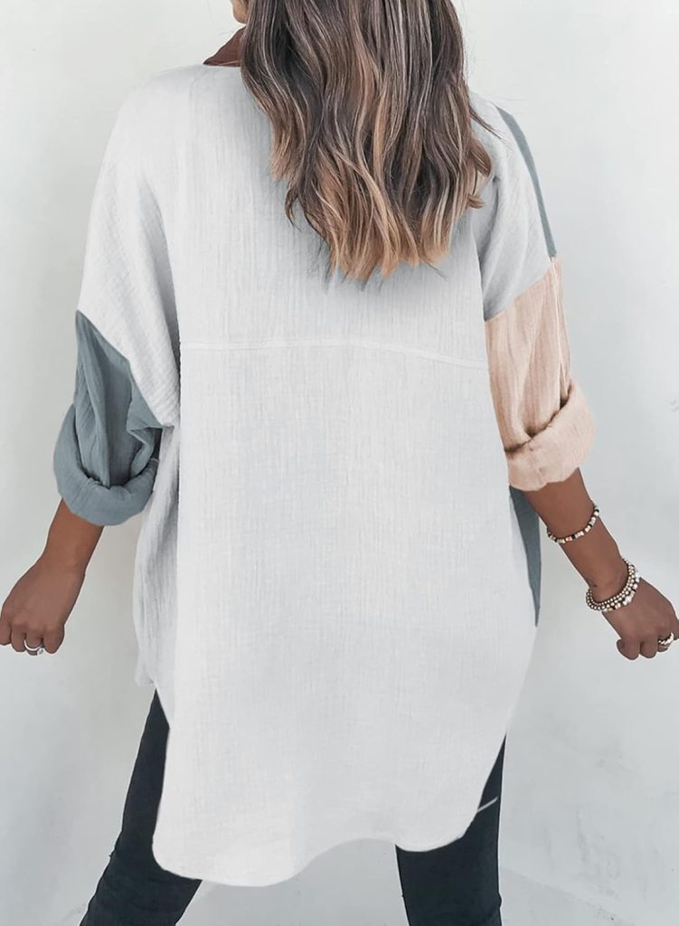 Dokotoo Womens Color Block Button Down Shirts Long Sleeve Oversized Boyfriend Blouses Tops