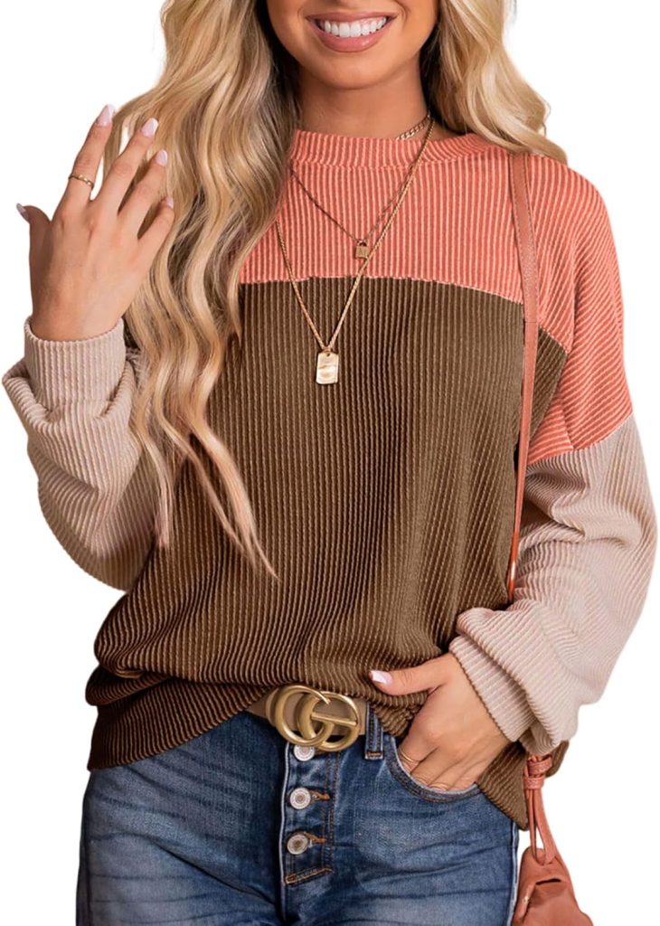 Dokotoo Womens Fashion 2024 Color Block Long Sleeve Crewneck Knitted Casual Loose Pullover Shirts Tops
