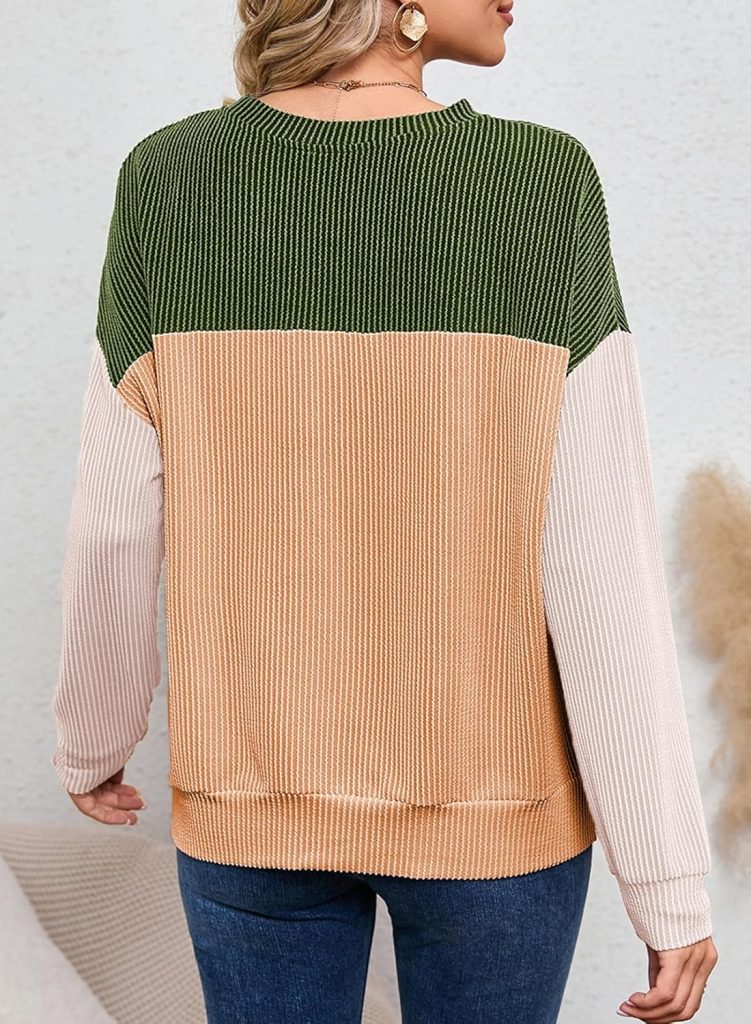 Dokotoo Womens Fashion 2024 Color Block Long Sleeve Crewneck Knitted Casual Loose Pullover Shirts Tops