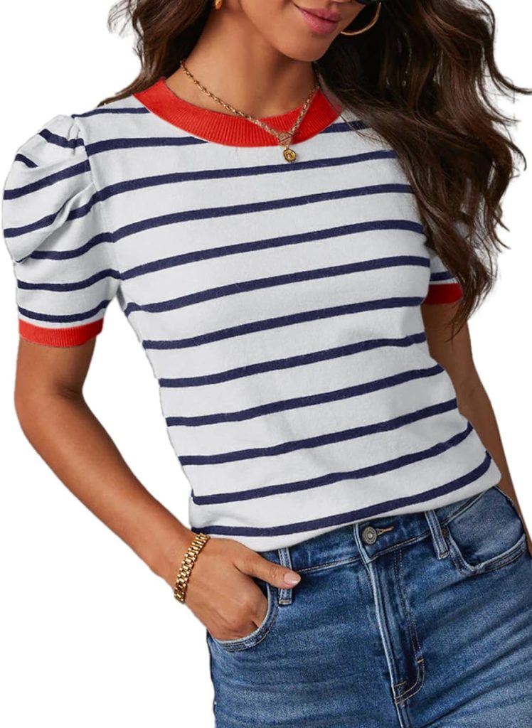 Dokotoo Womens Short Puff Sleeve Knit Tops 2024 Trendy Crewneck Striped T Shirts Casual Summer Blouses