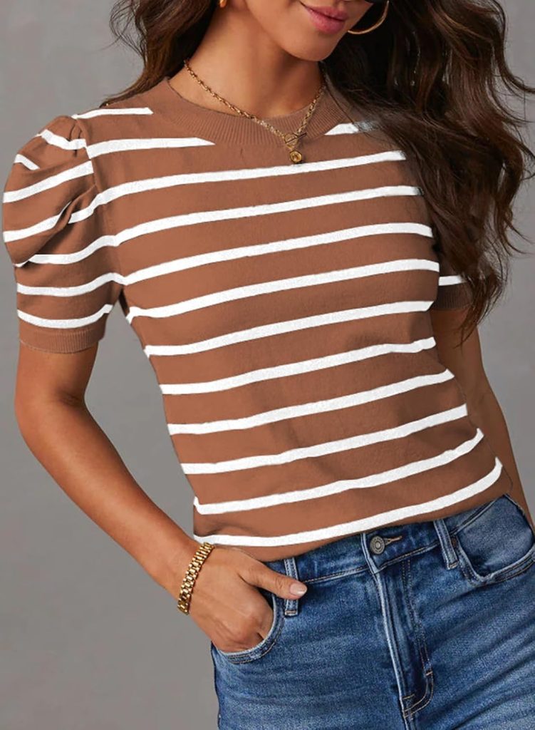 Dokotoo Womens Short Puff Sleeve Knit Tops 2024 Trendy Crewneck Striped T Shirts Casual Summer Blouses