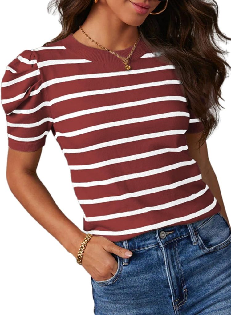 Dokotoo Womens Short Puff Sleeve Knit Tops 2024 Trendy Crewneck Striped T Shirts Casual Summer Blouses