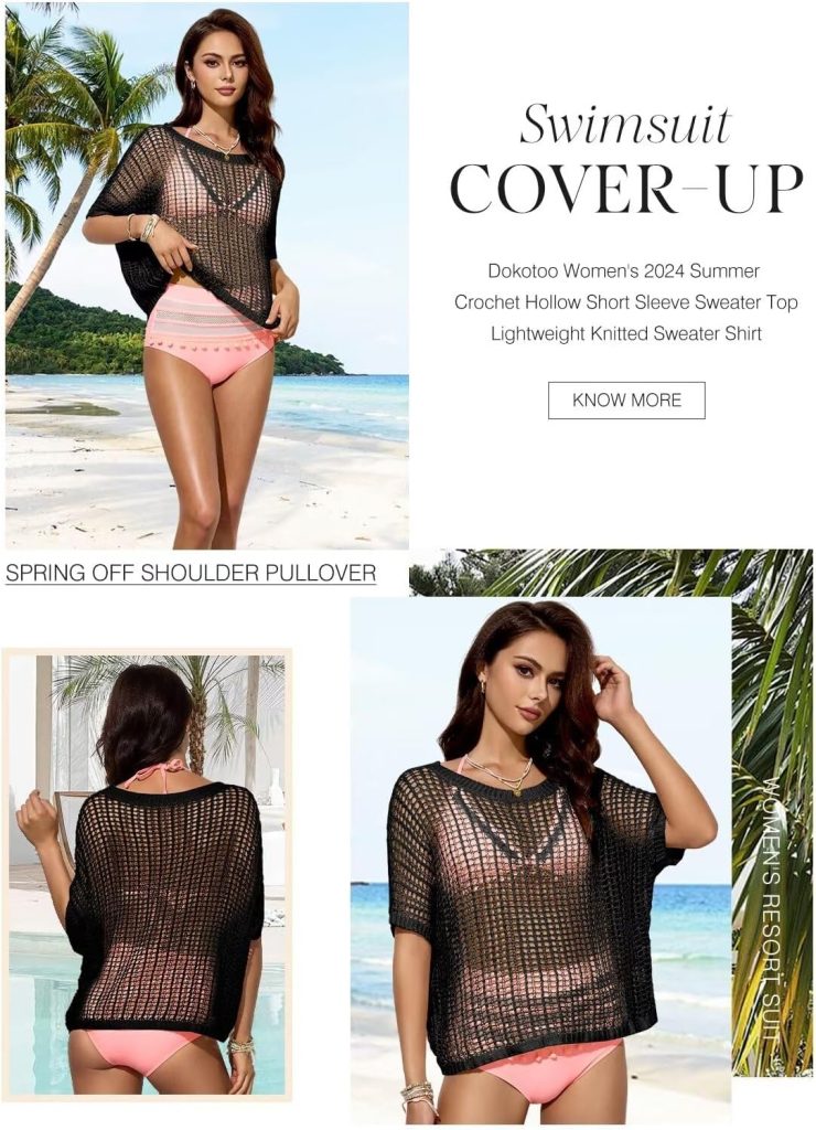 Dokotoo Womens Summer Scoop Neck Short Sleeve Sweater Casual Crochet Hollow Out Knit Tops Pullover Shirts Beach Coverup