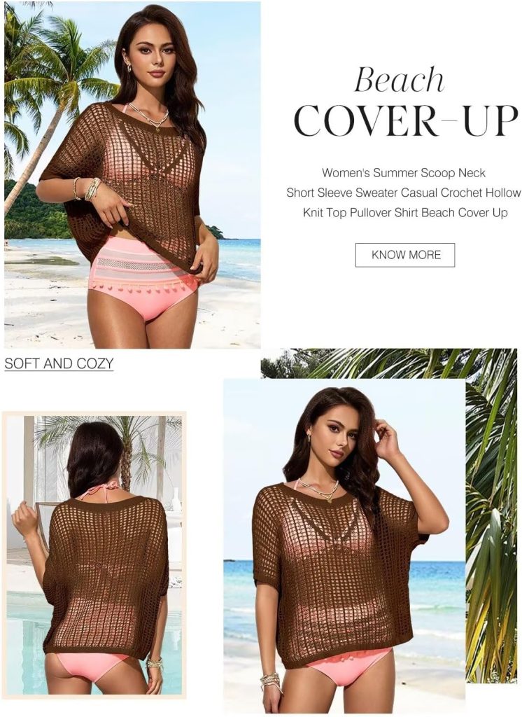 Dokotoo Womens Summer Scoop Neck Short Sleeve Sweater Casual Crochet Hollow Out Knit Tops Pullover Shirts Beach Coverup