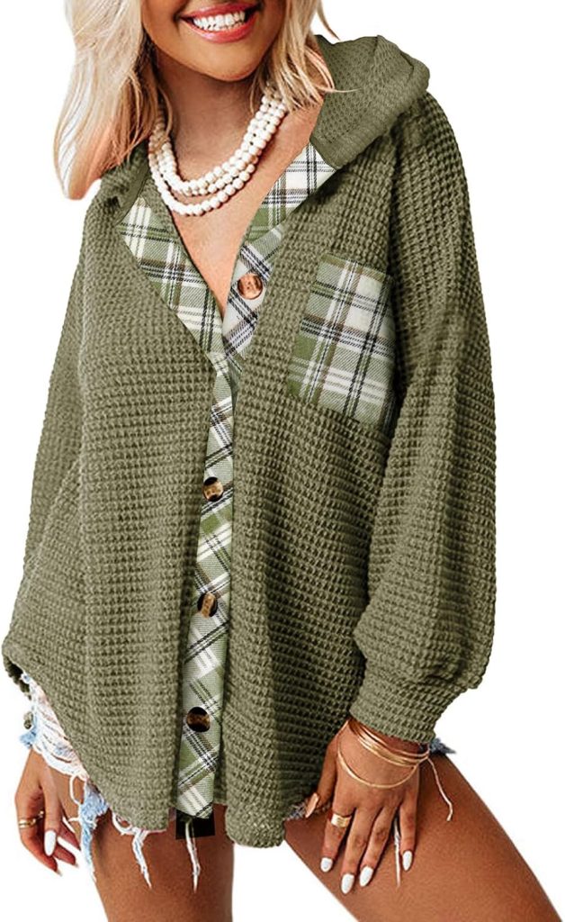 Dokotoo Womens Waffle Knit Shacket Jacket Casual Long Sleeve Button Down Shirts Dressy Blouses Tops