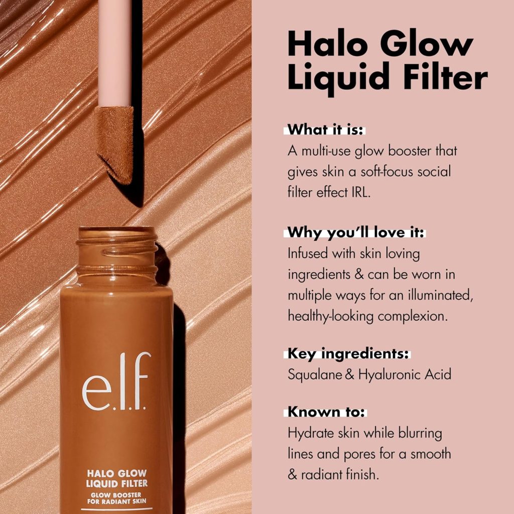 e.l.f. Halo Glow Liquid Filter, Complexion Booster For A Glowing, Soft-Focus Look, Infused With Hyaluronic Acid, Vegan  Cruelty-Free, 3 Light/Medium