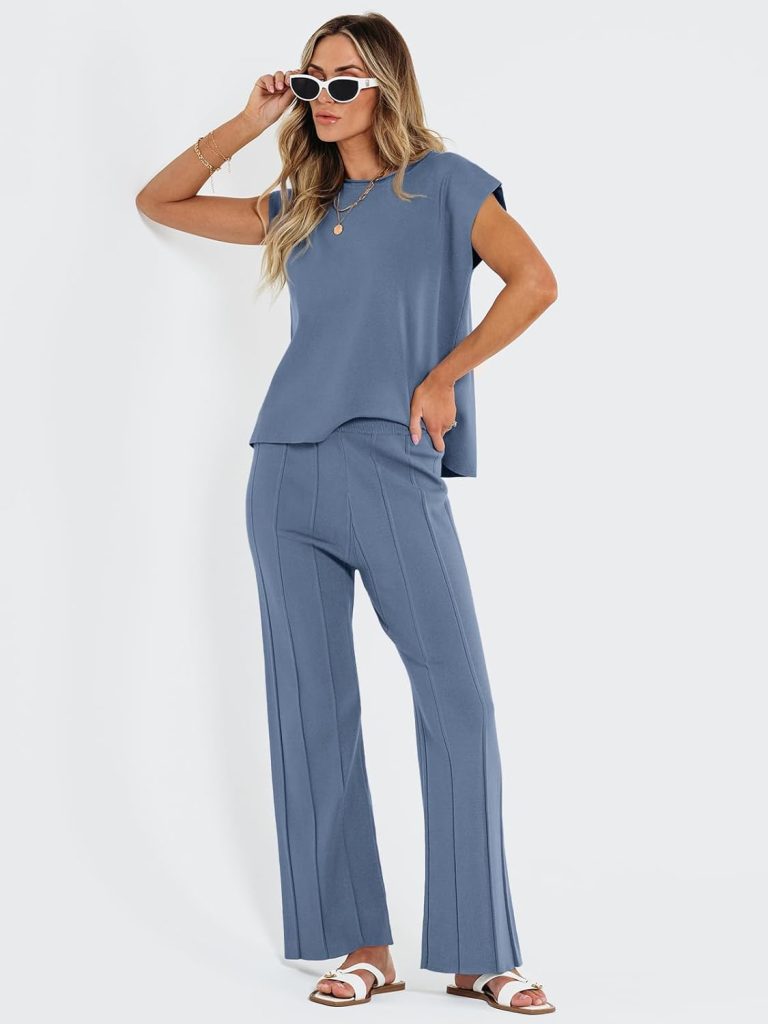 LILLUSORY 2 Piece Outfits for Women Lounge Matching Set Two Piece Knit Tracksuit Sweatsuits Top  Pants