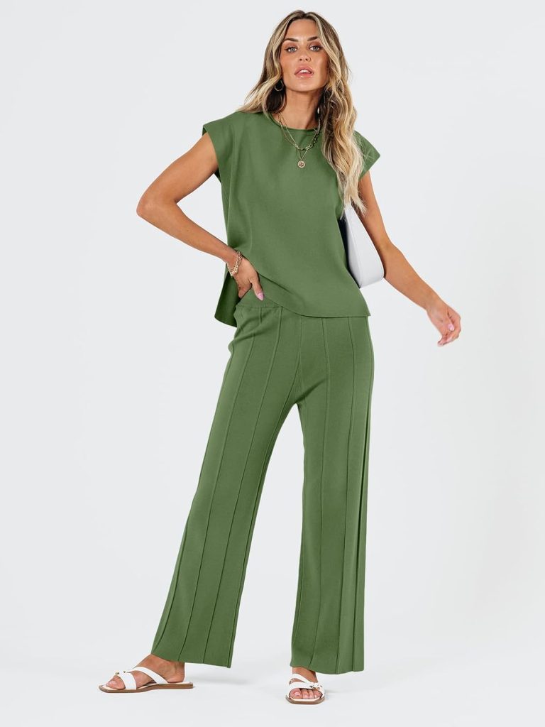 LILLUSORY 2 Piece Outfits for Women Lounge Matching Set Two Piece Knit Tracksuit Sweatsuits Top  Pants