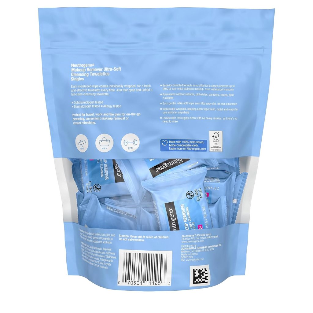 Neutrogena Makeup Remover Wipes, Individually Wrapped Daily Face Wipes for Waterproof Makeup, Travel  On-the-Go Singles, 20 Count