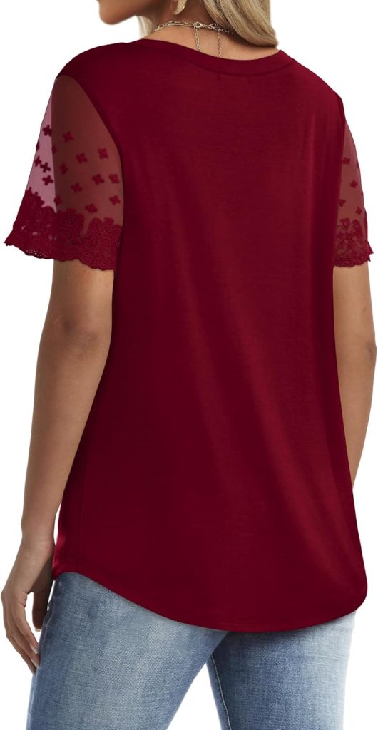 OFEEFAN Casual V Neck T Shirts for Women Lace Short Sleeve Curved Hem Tops Loose Fit