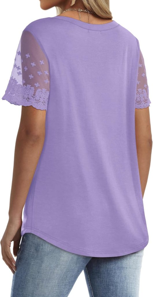 OFEEFAN Casual V Neck T Shirts for Women Lace Short Sleeve Curved Hem Tops Loose Fit