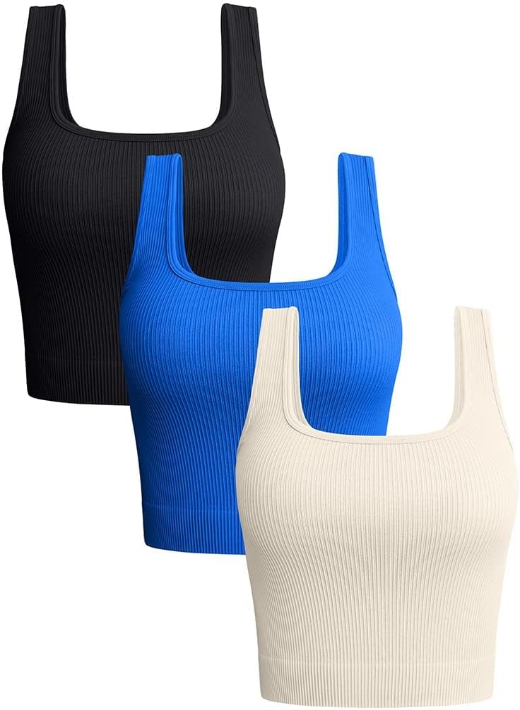 OQQ Womens 3 Piece Tank Tops Ribbed Seamless Workout Exercise Shirts Yoga Crop Tops
