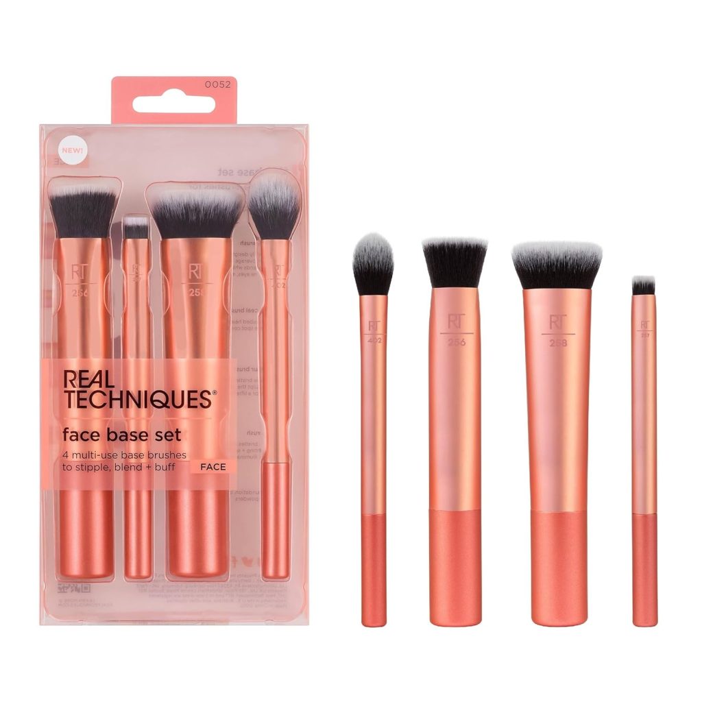 Real Techniques 4 Piece Face Base Makeup Brush Set, For Concealer, Foundation, Contour,  Setting Powder, Makeup Brushes For Blending  Buffing,  Sculpting, Travel Friendly, Gift Set, Cruelty-Free