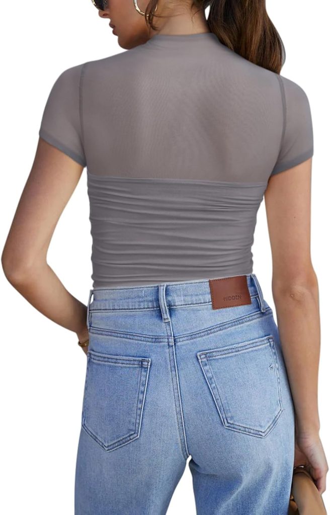 REORIA Womens Sexy Mock Turtle Neck Short Sleeve Shirts Sheer Mesh Ruched Trendy Going Out Bodysuits Tops
