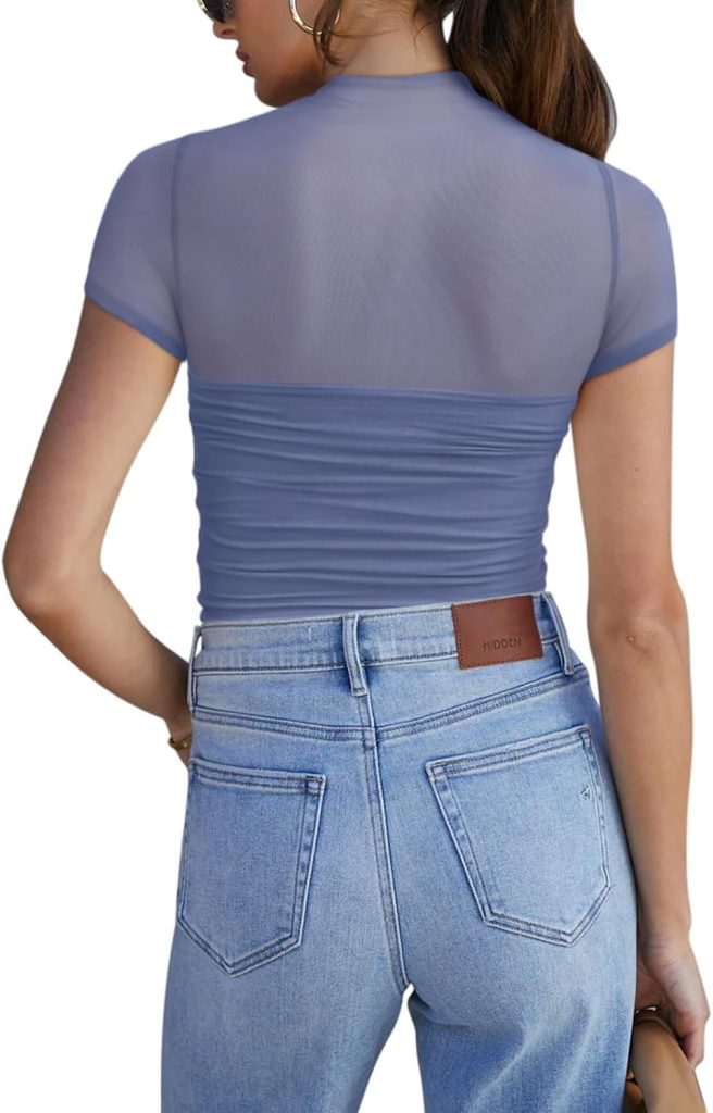 REORIA Womens Sexy Mock Turtle Neck Short Sleeve Shirts Sheer Mesh Ruched Trendy Going Out Bodysuits Tops