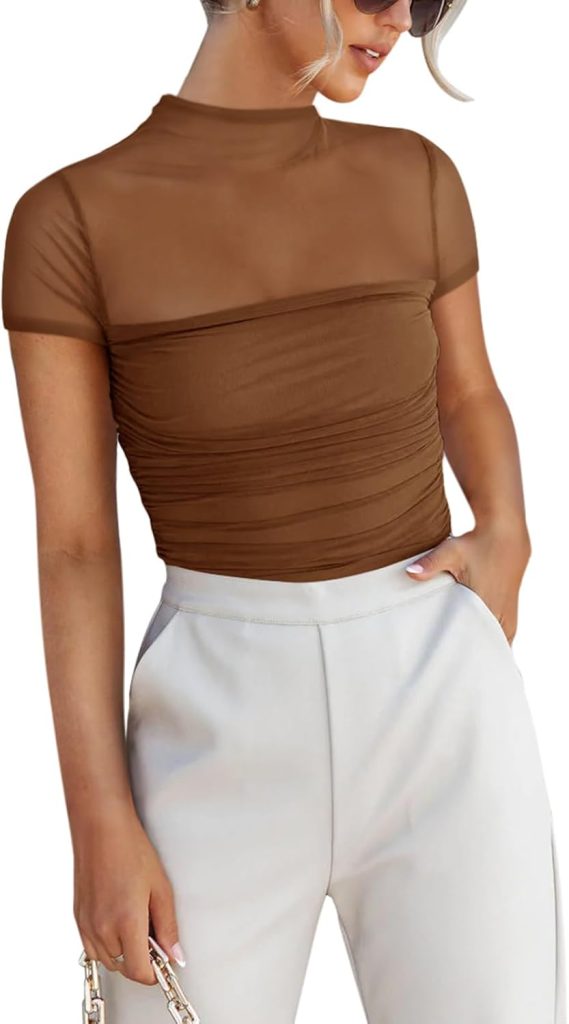 REORIA Womens Sexy Mock Turtle Neck Short Sleeve Shirts Sheer Mesh Ruched Trendy Going Out Bodysuits Tops