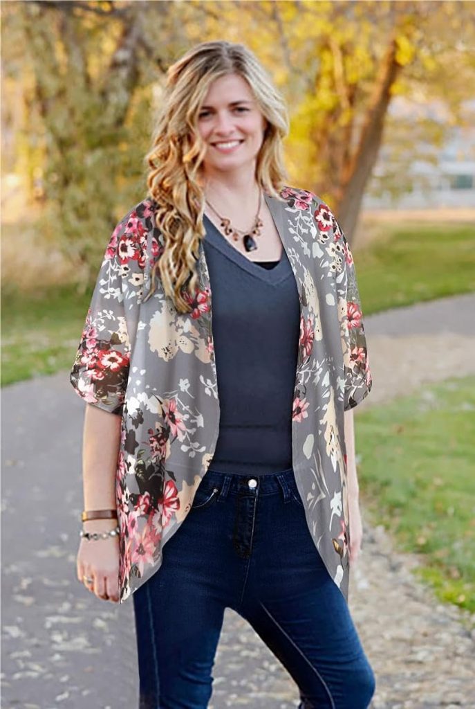 Womens Floral Print Puff Sleeve Kimono Cardigan Loose Cover Up Casual Blouse Tops