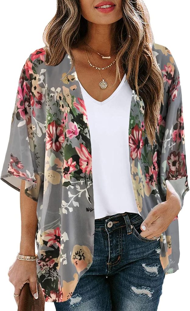 Womens Floral Print Puff Sleeve Kimono Cardigan Loose Cover Up Casual Blouse Tops