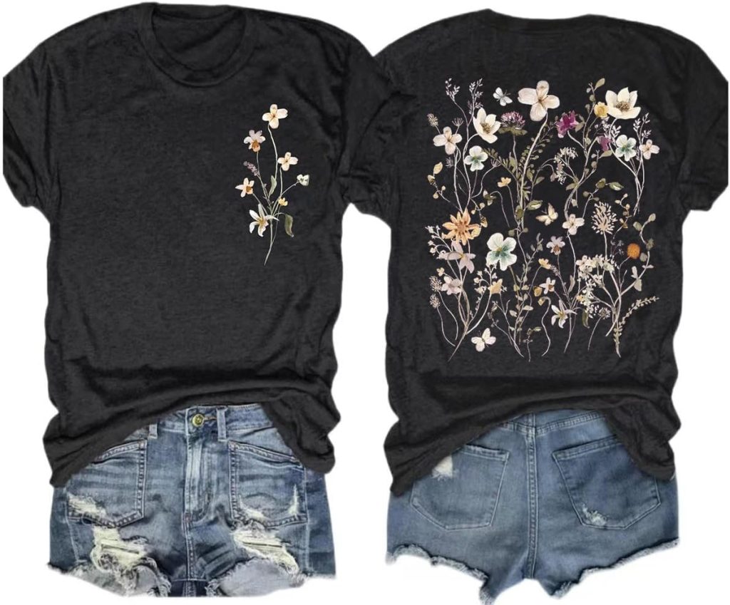 Womens Vintage Flowers Shirt Casual Boho Floral Printed T-Shirt Sunflower Wildflowers Graphic Tees Tops for Girl
