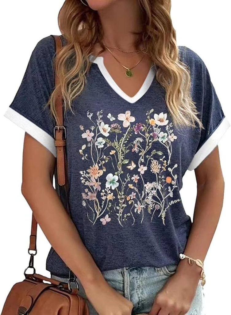 Womens Vintage Flowers Shirt Casual Boho Floral Printed T-Shirt Sunflower Wildflowers Graphic Tees Tops for Girl