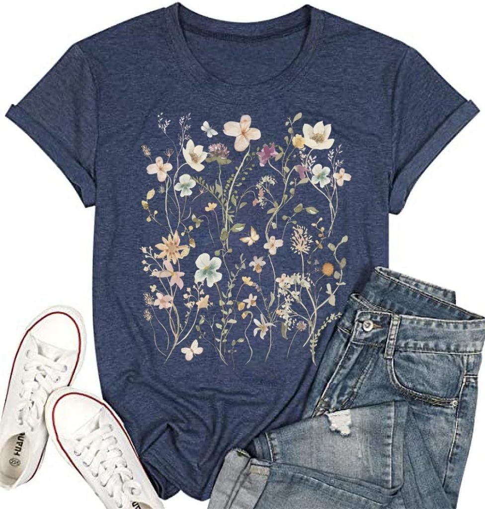 Womens Vintage Flowers Shirt Casual Boho Floral Printed T-Shirt Sunflower Wildflowers Graphic Tees Tops for Girl